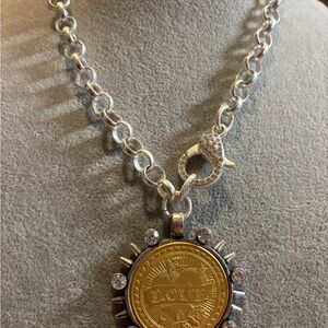 Silver and Gold LOVE Coin Pendant Necklace with crystal accents